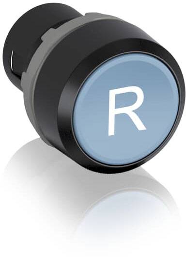 Ein schwarzer Knopf mit blauem Kreis in der Mitte zeigt den weißen Buchstaben 'R'.