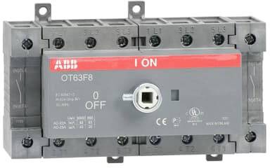 Schaltertyp OT63F8 von ABB mit roter Anzeige 'I ON' im oberen Bereich, grau im unteren Bereich mit Beschriftung '0 OFF'.