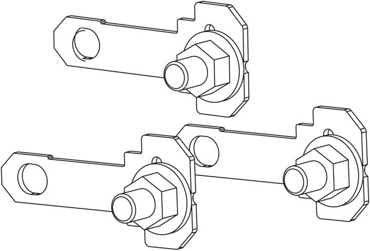 Lineare Zeichnung von drei identischen mechanischen Bauteilen, bestehend aus Flanschen mit Bolzen und Muttern, angeordnet in Reihe.