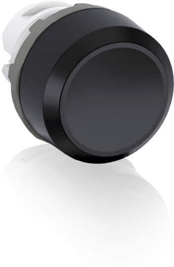Schwarzer runder Druckknopf, seitlich betrachtet, mit weißer Basis. Verwendet zur Steuerung von Maschinen oder elektronischen Geräten.