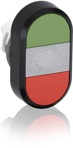 Ein ovaler Knopf mit grünem, grauem und rotem Segment.