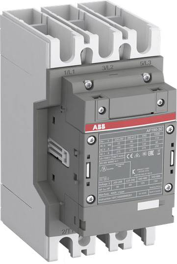 Grau-weißer elektrischer Schütz des Modells AF190-30 von ABB mit technischen Angaben auf der Front. Verwendet in Schalttafeln.
