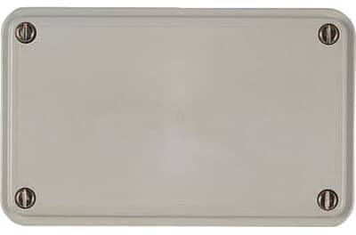 Rechteckige Metallplatte mit vier sichtbaren Schrauben an den Ecken. Sie hat eine glatte Oberfläche und wirkt industriell.