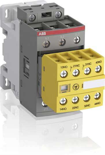 Ein gelbes und graues Kontaktor-Schütz mit mehreren Schraubklemmen, geeignet für industrielle elektrische Installationen.