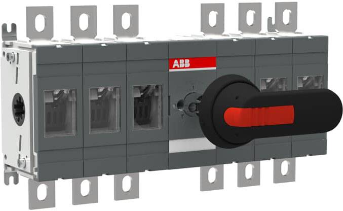 Elektrischer Lasttrennschalter mit rotem und schwarzem Hebel, montiert an einer Metallhalterung. Markierung 'ABB' auf der Front.