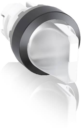 Ein silberner Drehknopf mit schwarzem Rand in seitlicher Ansicht, möglicherweise für technische Geräte oder Maschinensteuerung.