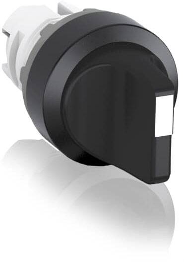 Schwarzer Drehschalter mit weißem Markierungsfeld auf der Vorderseite, montiert auf einem weißen Hintergrund.