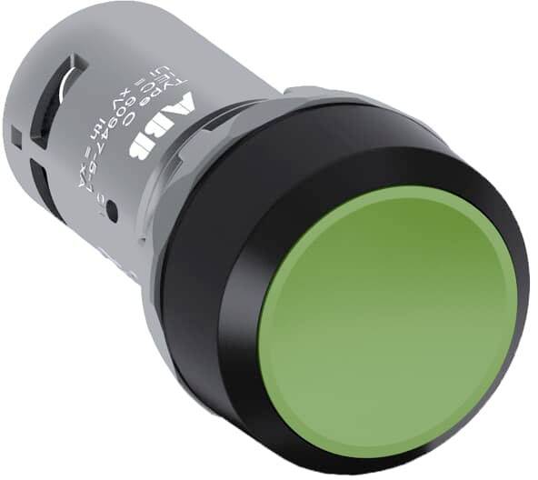 Ein grüner Druckschalter mit schwarzem Rand und Aufschrift 'ABB', geeignet für industrielle Steuerungsanwendungen.