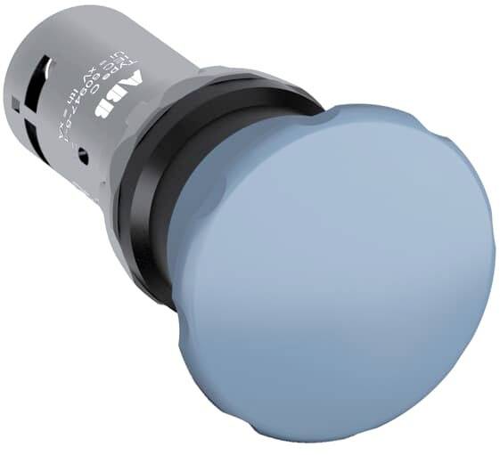 Blauer Druckknopf mit schwarzem Rand, zylindrische Form, verwendet in Maschinensteuerungen oder elektrischen Geräten.