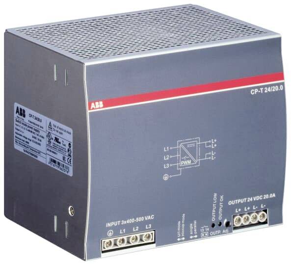 Ein graues Schaltnetzteil der Marke ABB mit Model CP-T 24/20.0, Eingangsspannung 3x400-500 VAC, Ausgang 24 VDC, 20 A.