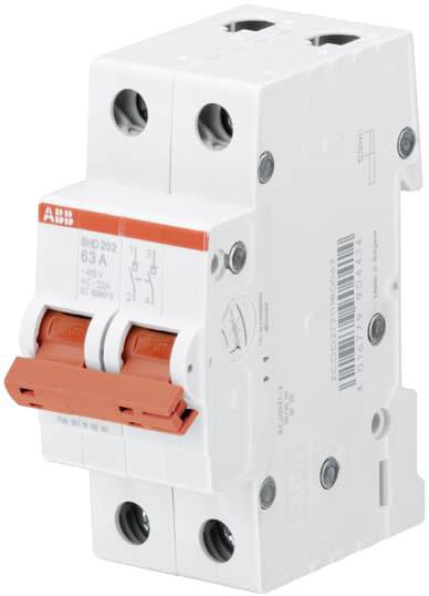 Ein zweipoliger Leitungsschutzschalter mit rotem Schalter. Geeignet für den Schutz von elektrischem Strom bis 63 Ampere.