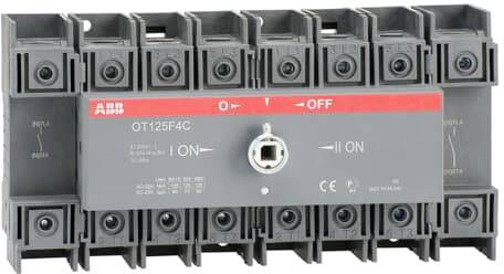 Ein elektrischer Lasttrennschalter mit Beschriftung 'ON' und 'OFF' und einem zentralen Drehmechanismus, hergestellt von ABB.