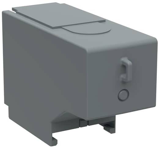 Grauer elektrischer Steckverbinder, rechteckige Form, mit einem Haken und einem Druckknopf. Wird für industrielle Anwendungen verwendet.