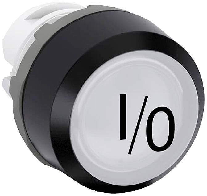 Ein runder Knopf mit der Aufschrift 'I/O' in schwarzer Schrift auf weißem Hintergrund, umgeben von einem schwarzen Rand.