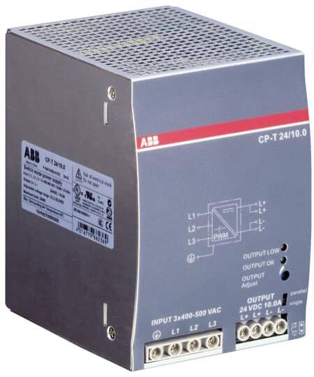 Schaltnetzteil mit Hersteller-Logo und technischen Spezifikationen auf der Vorderseite. Bietet geregelte 24V DC-Ausgangsspannung.