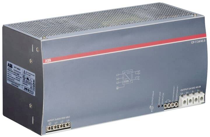 Ein graues ABB-Netzteil mit roten Details und Anschlussklemmen an der rechten Seite. Modellnummer und elektrische Daten sind sichtbar.