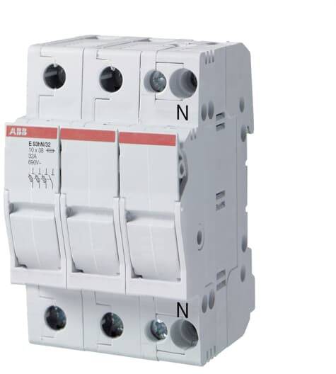 Dreipoliger Leitungsschutzschalter mit roten und weißen Komponenten, geeignet für 100A und 690V, zeigt Herstellerlogo ABB.