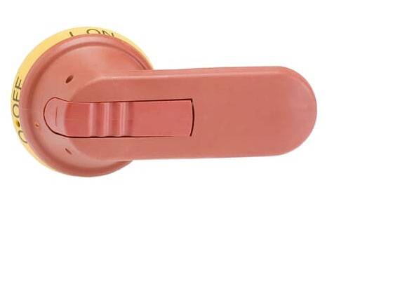 Ein roter Schalter mit gelbem Rahmen ist in der Position 'ON'. Der Schalter zeigt die Positionen 'ON' und 'OFF'.