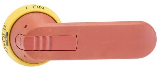 Roter Hebel mit gelbem Ring, zeigt 'ON' und 'OFF'. Hebel steht auf 'ON'.