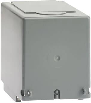 Graues, quadratisches Elektronikgehäuse mit abnehmbarer Abdeckung, geeignet zur sicheren Aufnahme elektrischer Komponenten.