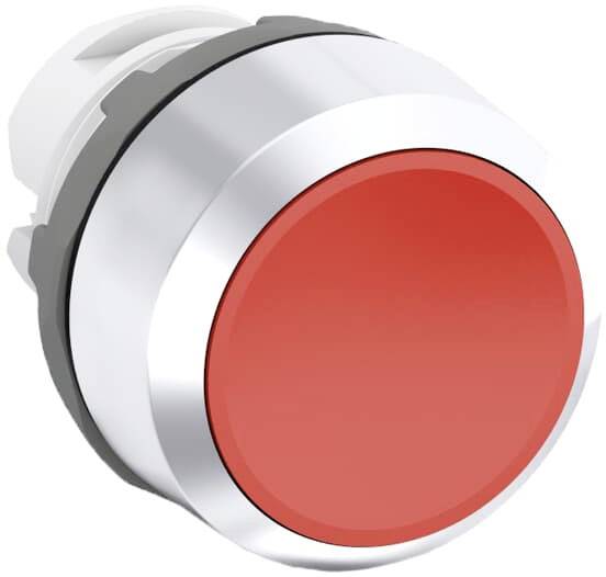 Roter Not-Aus-Schalter mit silbernem Rand, ein typisches Sicherheitselement in Maschinen oder Anlagen zum sofortigen Abschalten.