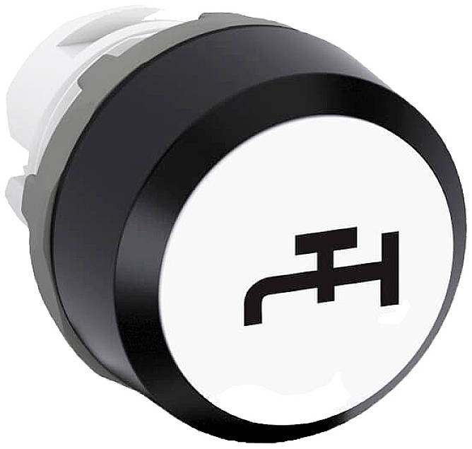 Rundknopf mit stilisiertem Wasserhahn-Symbol, häufig zum Aktivieren eines Wasserspenders oder einer Wasserquelle verwendet.