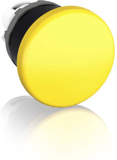 Großer, gelber Not-Aus-Knopf, leicht schräg von der Seite. Wichtiger Sicherheitsmechanismus für Maschinen zur schnellen Abschaltung.