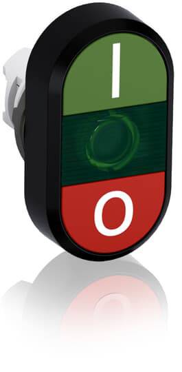 Ein ovaler Kippschalter mit einem grünen Bereich oben, der mit 'I' beschriftet ist, und einem roten Bereich unten, der mit 'O' beschriftet ist.