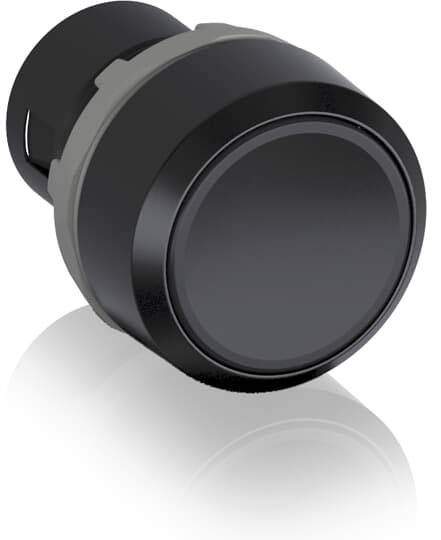 Schwarzer runder Knopf mit glatter Oberfläche, möglicherweise Teil eines Schalters oder einer Bedienkonsole.