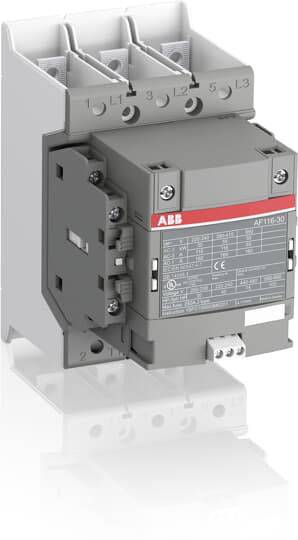 Ein Schütz von ABB, Modell AF116-30, für industrielle Anwendungen. Gezeigt mit Anschlüssen und technischer Beschriftung vorne.