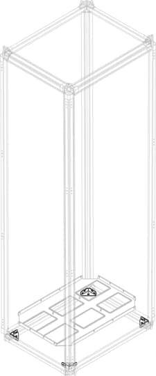 3D-Modell einer rechteckigen, transparenten Struktur mit Rahmenverbindungen an den Ecken und einer Bodenplatte mit Lüftungsgittern.