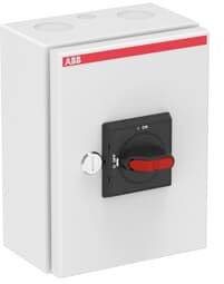 Grau-weißer Schaltschrank mit einem schwarzen Drehschalter mit rotem Griff in der Mitte. Oben links ist ein Logo zu sehen.