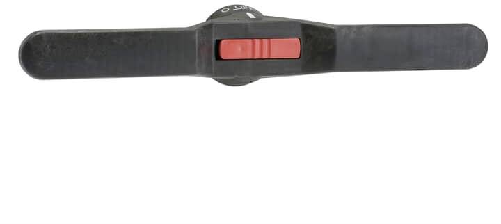 Ein schwarzer Türgriff mit einem roten Schieber zum Öffnen oder Schließen.