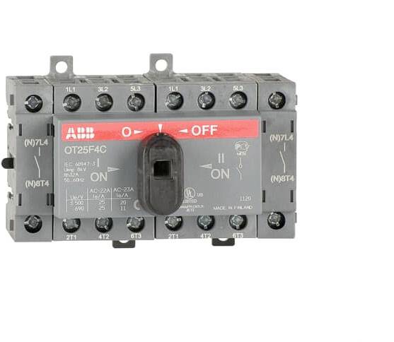 Ein dreiphasiger Umschalter mit rotem Schalterhebel in mittlerer Position. Beschriftungen 'I' und 'O' für Ein- und Ausschalten.