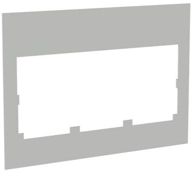Graue rechteckige Form mit weißen Ausschnitten in der Mitte und an der unteren Kante, ähnlich einem Rahmen oder einer technischen Schablone.