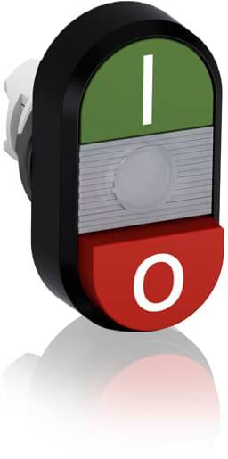 Eine runde Wippe mit einem grünen Bereich mit 'I' für an und einem roten Bereich mit 'O' für aus.