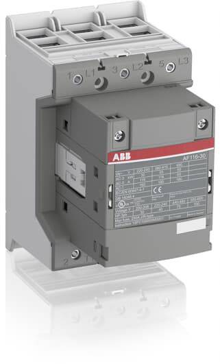 Ein grauer Leistungsschütz der Marke ABB, Modell AF116-30, für industrielle Anwendungen, mit technischen Spezifikationen auf der Vorderseite.