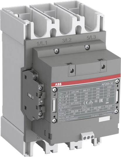 Abgebildet ist ein ABB Schütztyp AF265-30, ein elektrisches Schaltgerät für industrielle Anwendungen, geeignet für 220-415V AC.