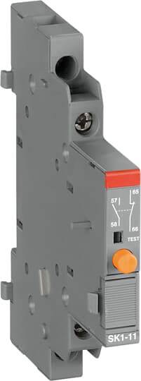 'Industrie-Schaltrelais SK1-11' in grauem Gehäuse mit rotem Element und orangefarbenem Knopf zur Funktionsprüfung.