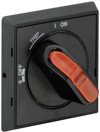 Schwarzer Drehschalter mit rotem Griff, zeigt auf 'ON'. Beschriftet mit 'TRIP', 'I ON', 'O OFF'.用于电气切换。