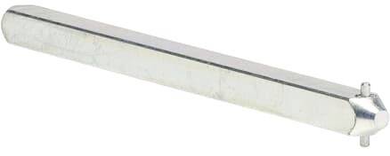 Silberner, sechseckiger Metallstab mit abgerundeten Enden, flach auf einer Oberfläche liegend.