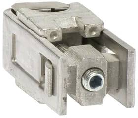 Ein rechteckiges, metallisches Bauteil mit einem Schraubenbolzen und Befestigungselementen. Es scheint ein Teil eines größeren Mechanismus zu sein.