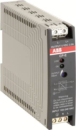 Stromversorgungseinheit ABB CP-E mit 5 VDC, 3.0A Ausgang. Anschlüsse und Status-LEDs auf der Vorderseite, Eingang 100-240 VAC.