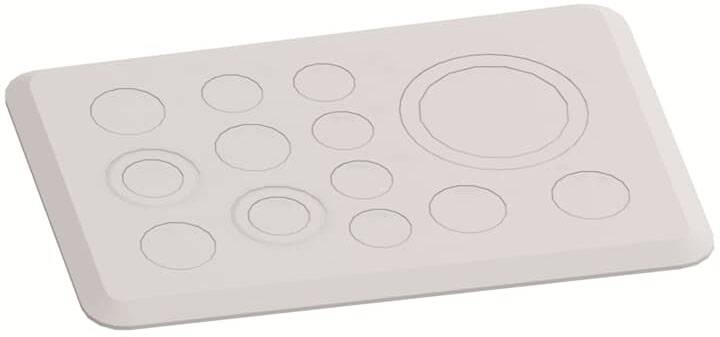 Eine rechteckige weiße Fläche mit mehreren eingeprägten Kreisen unterschiedlicher Größe, symmetrisch angeordnet.