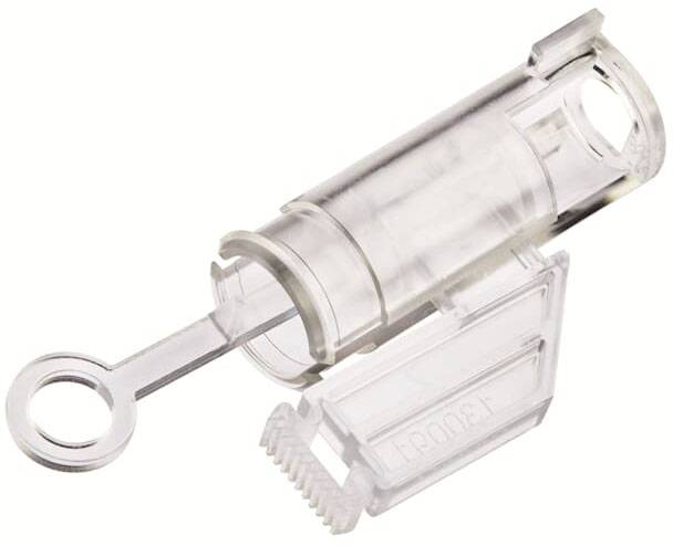 Durchsichtiger Kunststoffsicherungsring mit einem Schließmechanismus. Verwendet zur Sicherung offener Zugangsstellen in medizinischen Geräten.