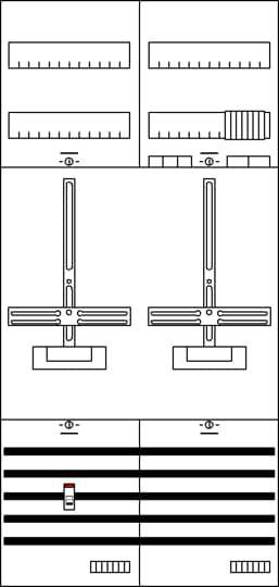 Technisches Diagramm einer Schalttafel mit verschiedenen Anzeigen, Skalen und Hebeln. Zeigt Kontrollelemente und deren Anordnung.