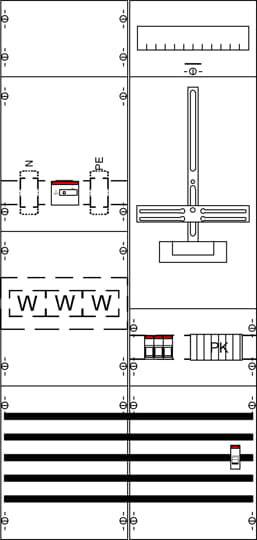 Instrumententafel mit Kompass, Höhenmesser und Geschwindigkeitsmessgerät. Flugbahn-Wegpunkte: N, E, PK, sechs parallele Streifen.