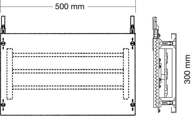 Technische Zeichnung eines rechteckigen Geräts mit den Maßen 500 mm x 300 mm, zeigt Front- und Seitenansicht mit Befestigungsdetails.