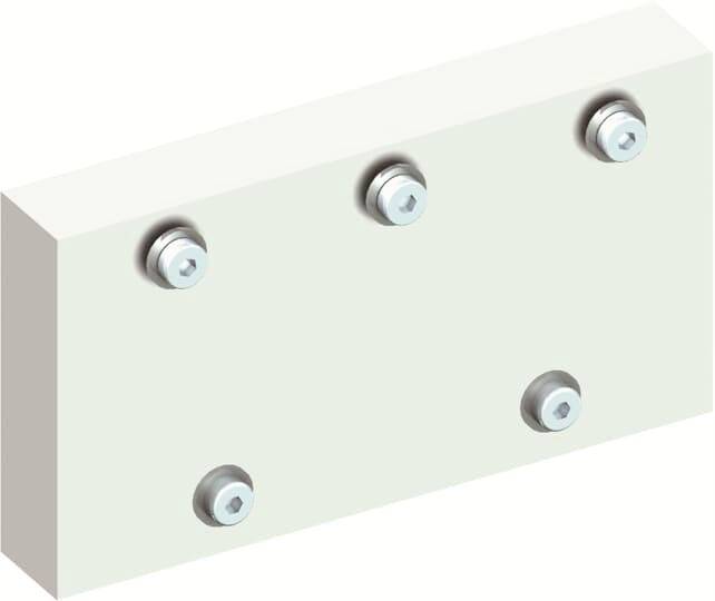Weiße rechteckige Platte mit fünf silbernen Bolzen, gleichmäßig verteilt.