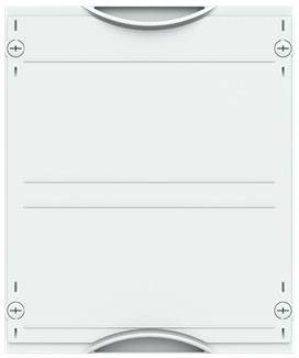 Grau umrandeter Kasten mit metallischen Halterungsclips an den Ecken auf weißem Hintergrund.